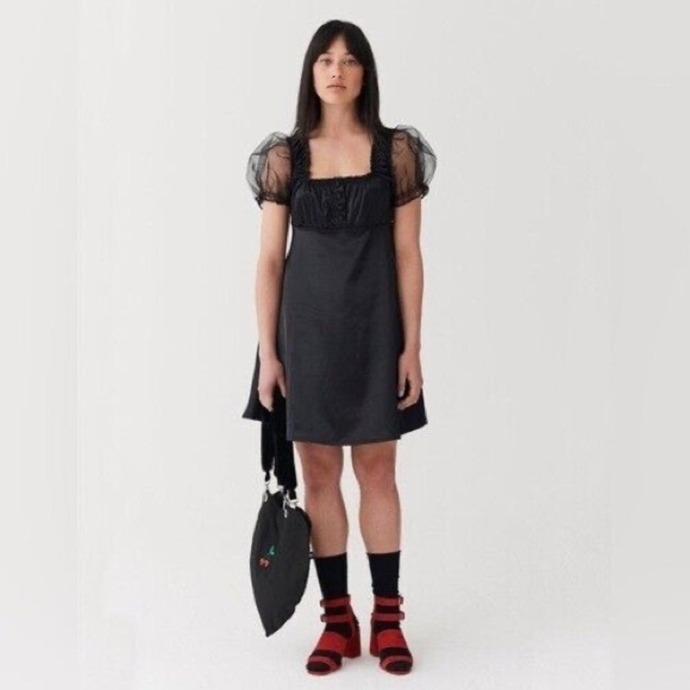 Lazy Oaf Pretty Ugly Black Mini Dress with Sheer Puff Sleeves